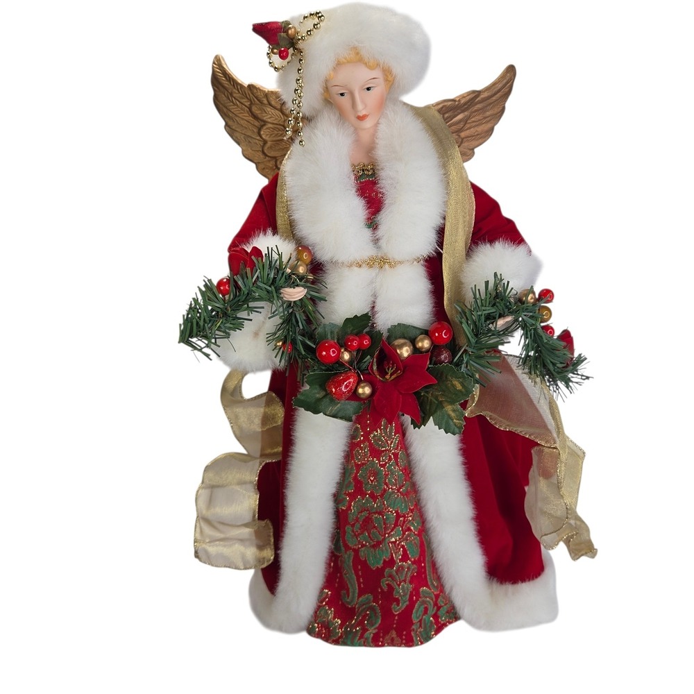Elegant Christmas Angel Tree Topper Figurine Red Faux Fur Holiday Decor 16 Inch